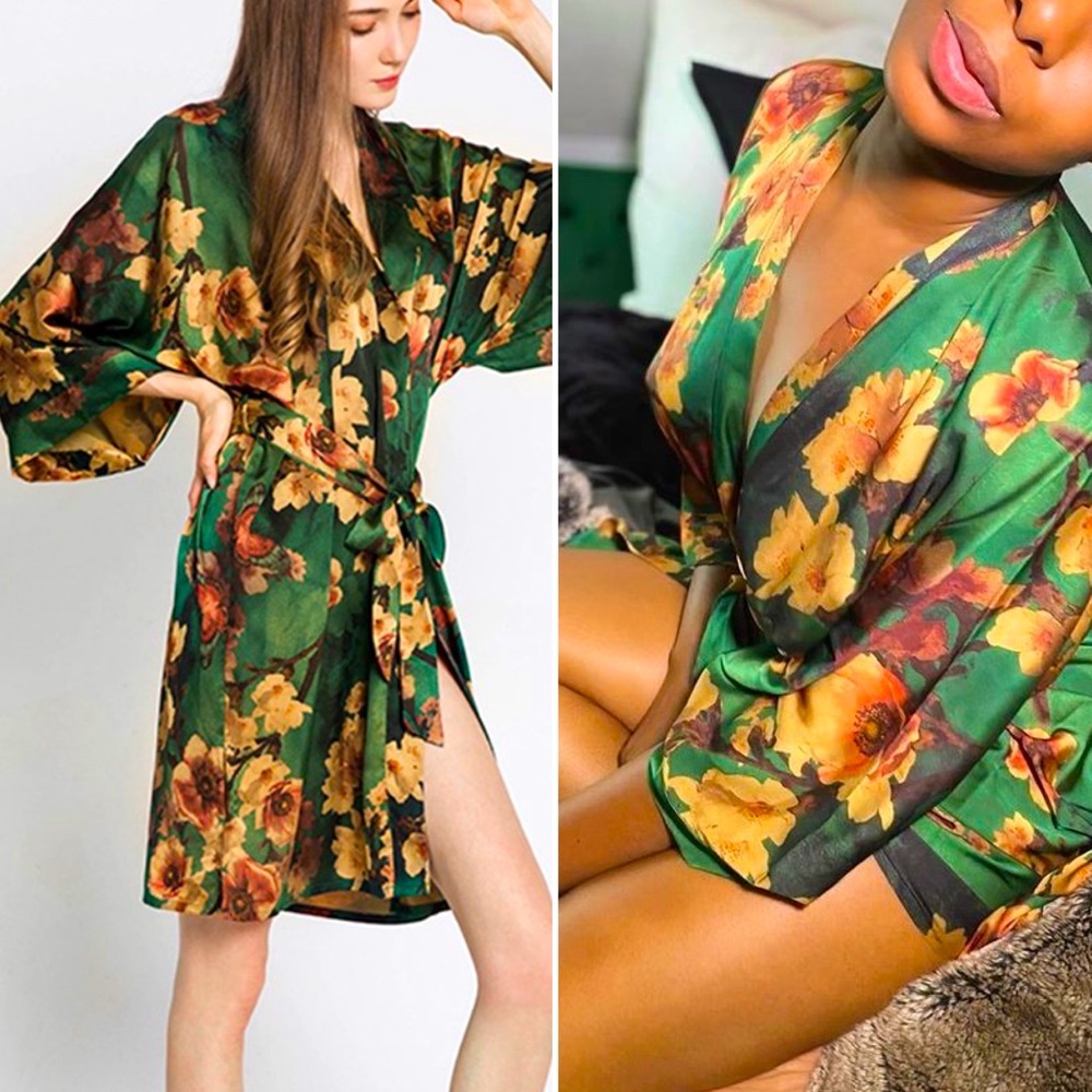 Silky Handmade Kimono Floral Robe with tie